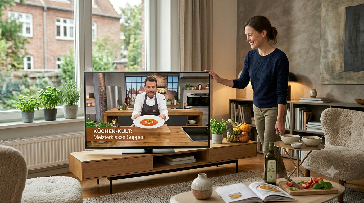 Wohnzimmer mit Fernseher und Person daneben