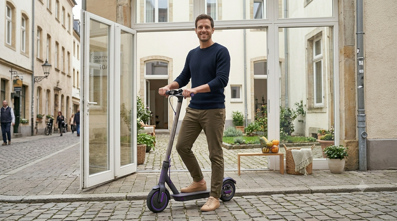 Mann mit E-Scooter vor einem offenen Hauseingang